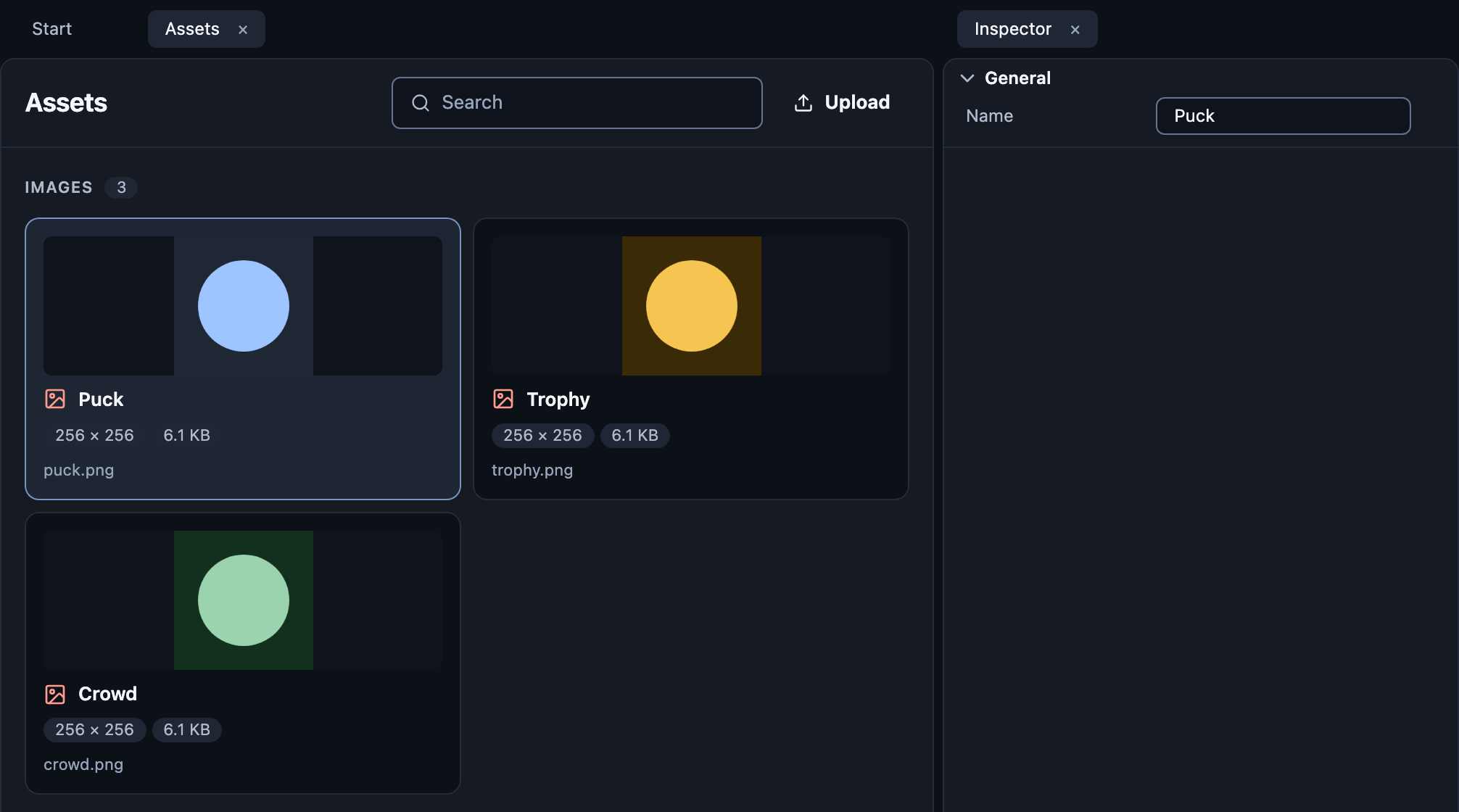 The Assets page with three uploaded images, each showing its size in pixels and bytes.