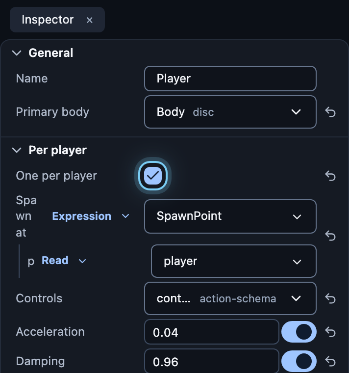 A Player prefab's Inspector with One per player turned on, where it spawns, its controls, acceleration and damping.