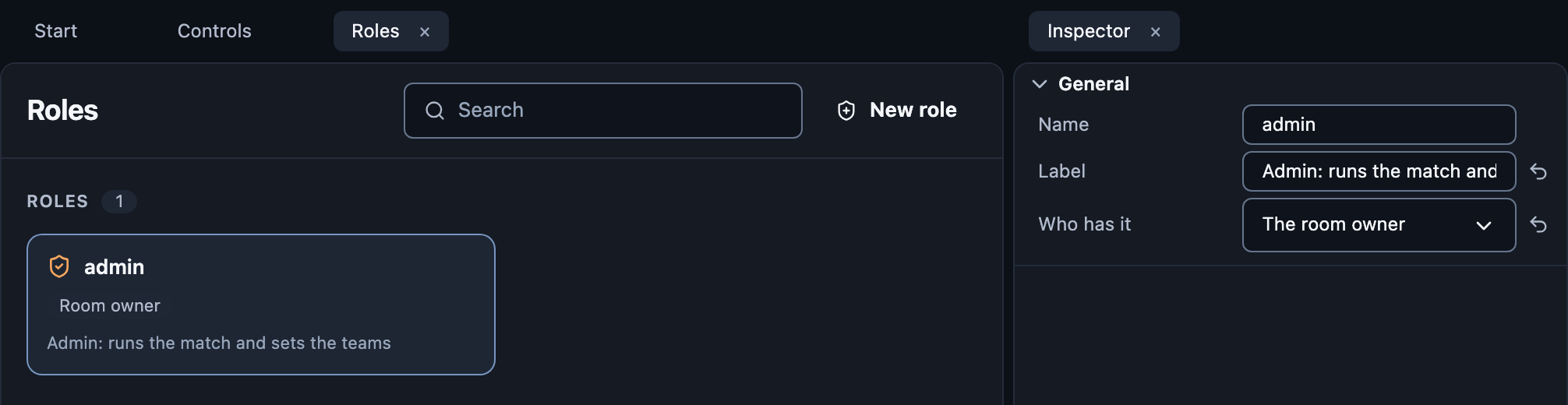 The Roles page: admin, held by the room owner.