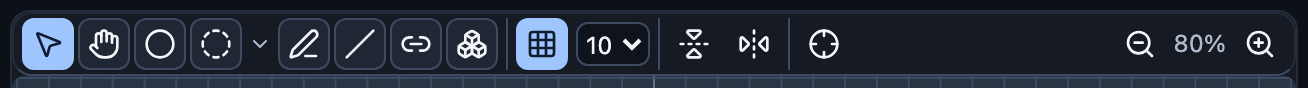The scene toolbar: select, pan, disc, visual, wall, line, joint, instance, the grid, mirroring and zoom.