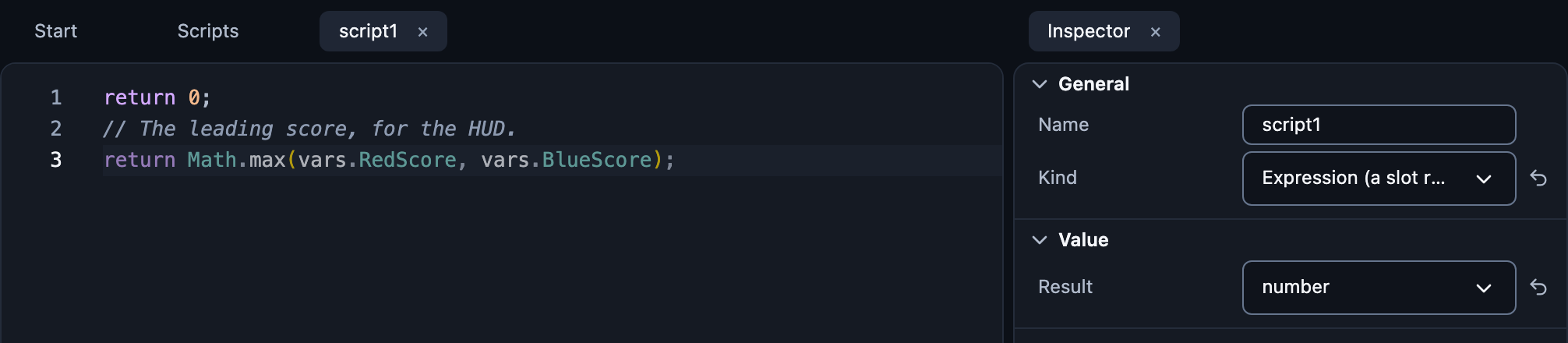 An expression script in the editor returning the higher of RedScore and BlueScore, with its result type in the Inspector.