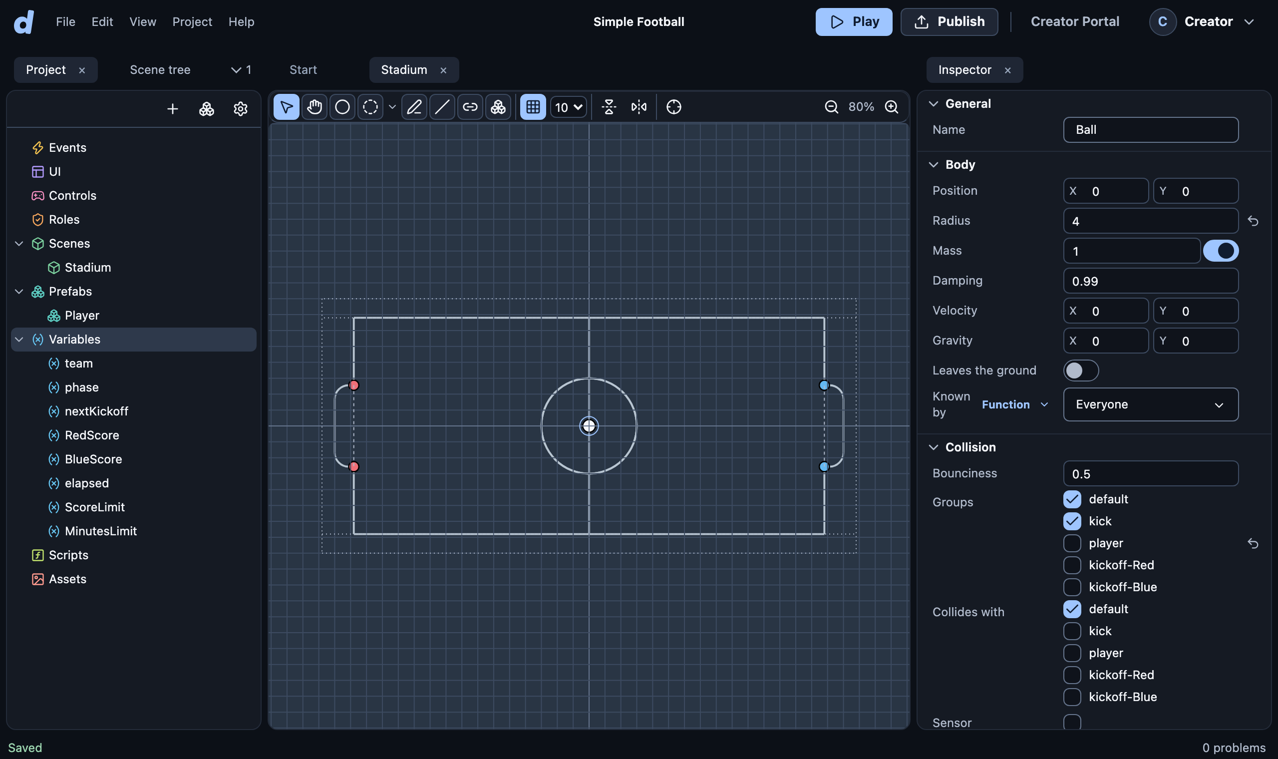 The Studio with the Simple Football example's stadium open: the project (Events, UI, scenes, prefabs, variables…) on the left, the stadium in the middle, the ball's properties on the right.
