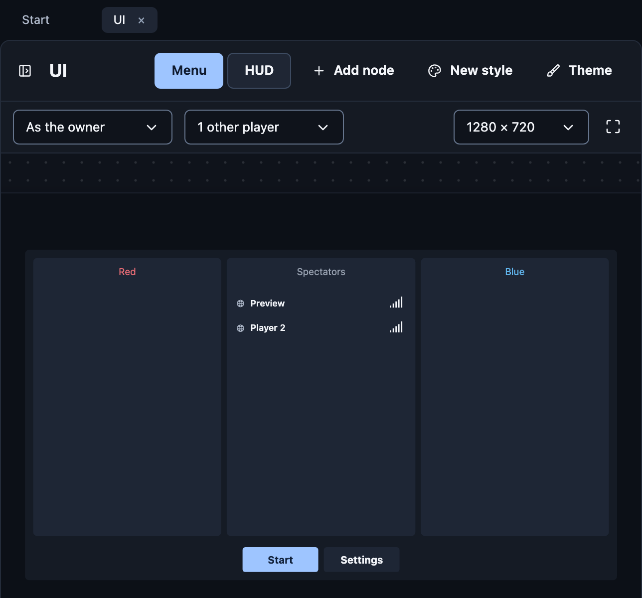 The UI page showing the Simple Football Menu: Red, Spectators and Blue columns, with Start and Settings below.